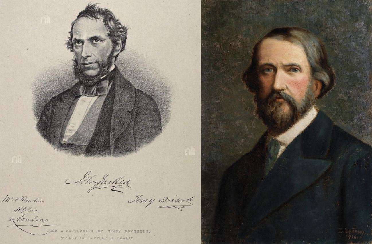 Photograph of Jackson
        and portrait of Le Fanu by his son